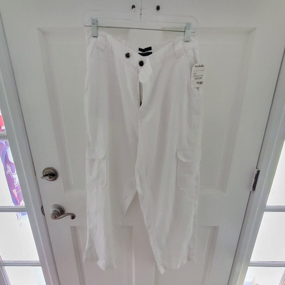 4/$19 White Linen Cargo Pants Sz L NWT Lagenlook Coastal Beachy Vacation